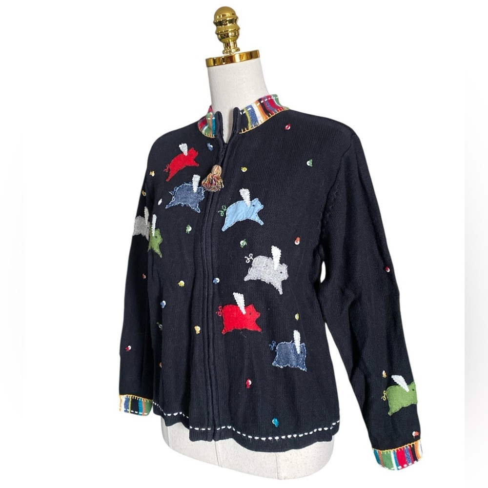 Susan Bristol "When Pigs Fly" Vintage Black Embroidered Full-Zip Cardigan Large - Picture 3 of 7